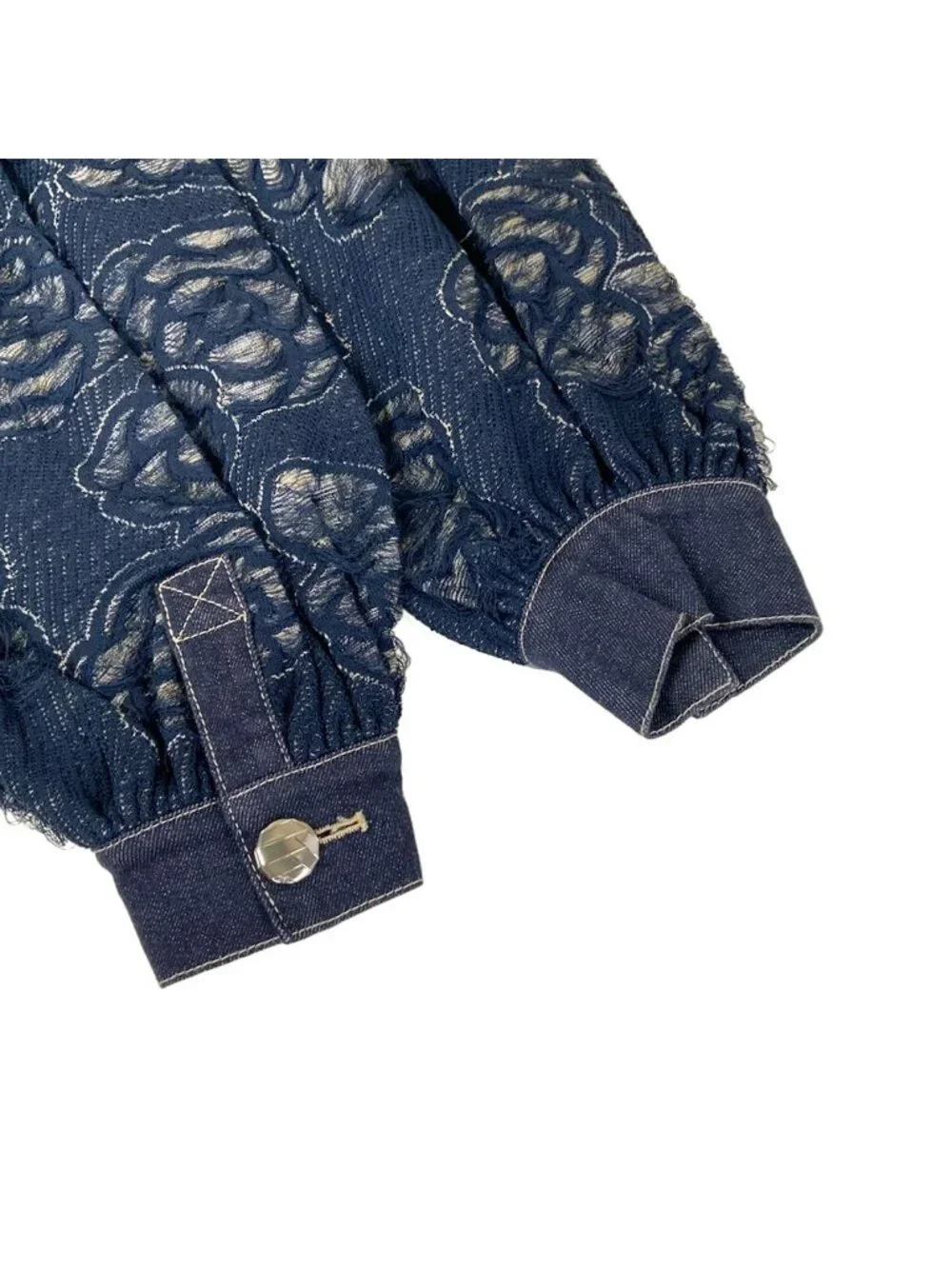 Chanel Long Sleeve Top Navy Ivory Crew Neck Denim Camellia Cotton 38/40
